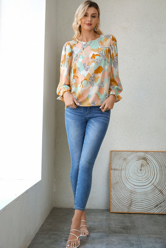 Multicolor Abstract Print Boho Ruffle Puff Sleeve Blouse