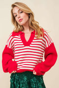 Red Striped V Neck Collar Drop Sleeve Sweater