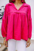 Rose Solid Color Gauze Collared Long Sleeve Top