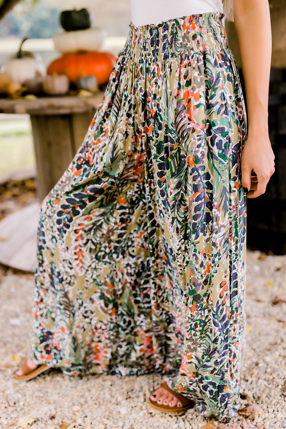 Multicolor Abstract Print Shirred High Waist Wide Leg Pants