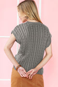 Gray Solid Cable Knit Short Sleeve Roun Neck Sweater