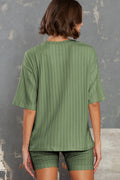 Green Ribbed Knit Drop Shoulder T Shirt & Shorts Two Piece Shorts Sets