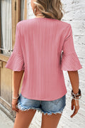 Peach Blossom Ruffled Short Sleeve V Neck Textured Shirt