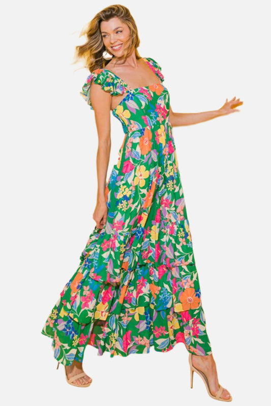 Green Boho Floral Print Ruffle Sleeveless Tiered Maxi Dress