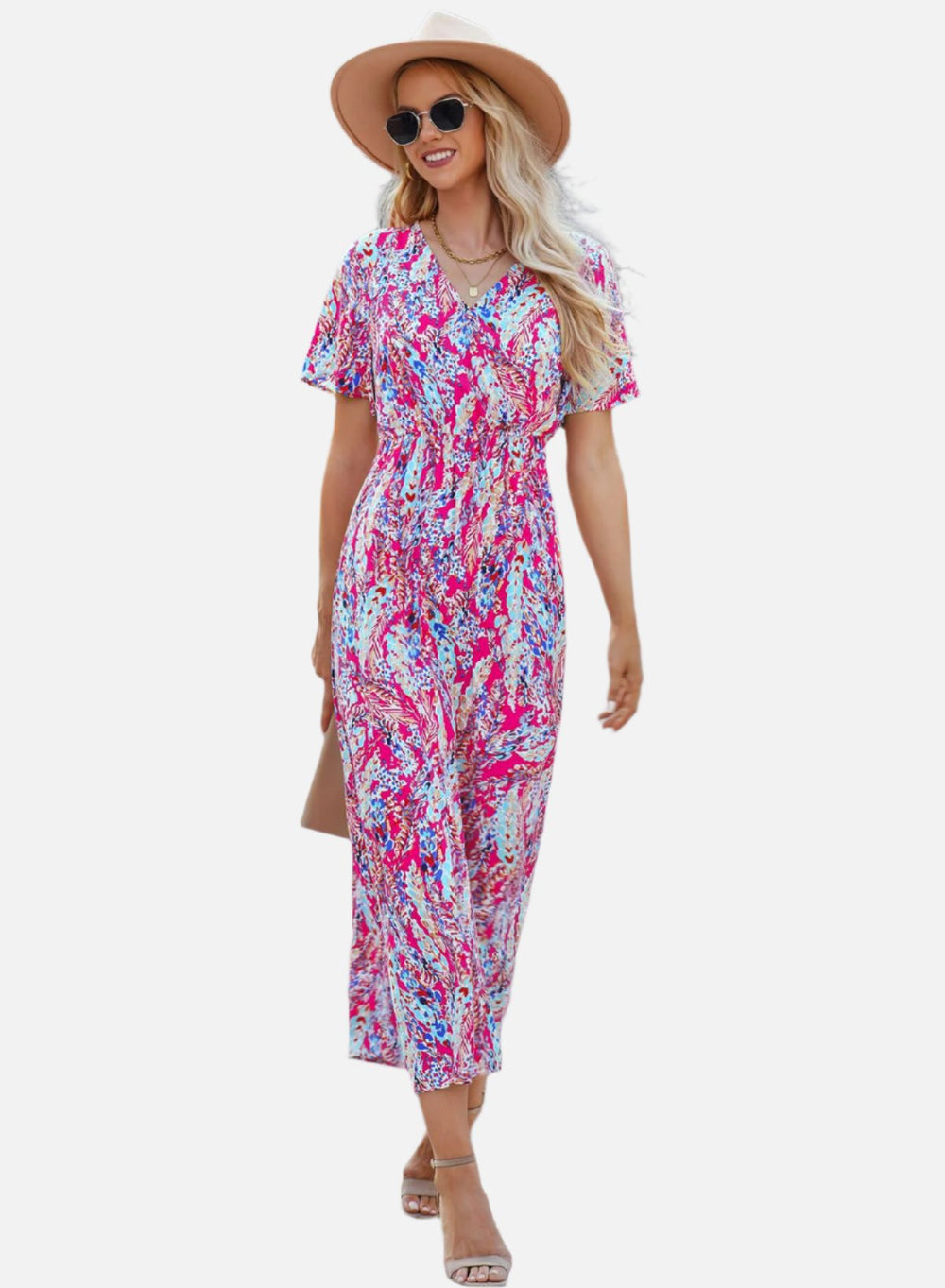 Rose Boho Abstract Print Wrap V Neck Short Sleeve Maxi Dress