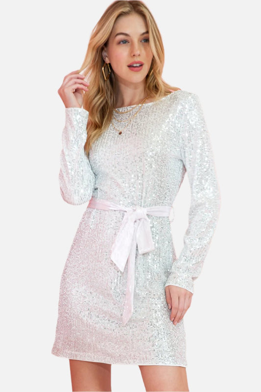 Silvery Sequin Long Sleeve Tie Waist Mini Dress