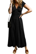 Black Deep V Neck Ruched High Waist Maxi Dress