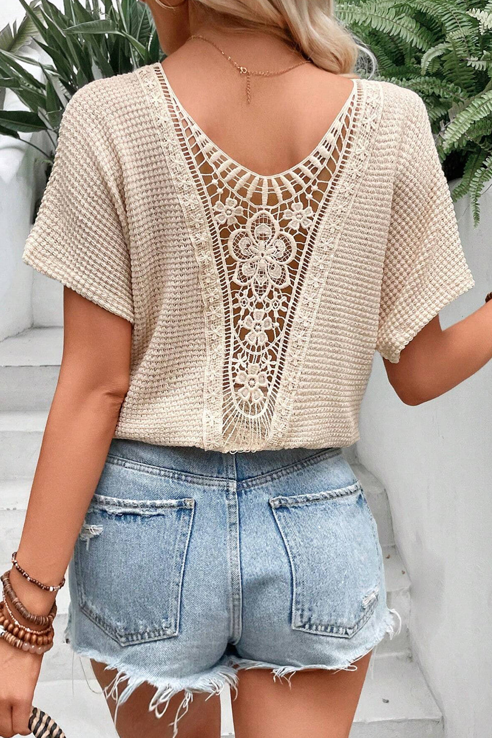 White Pointelle Lace Sleeve Loose Round Neck Tee