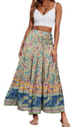 Sky Blue Boho Floral & Paisley Print Shirred Waist Long Skirt