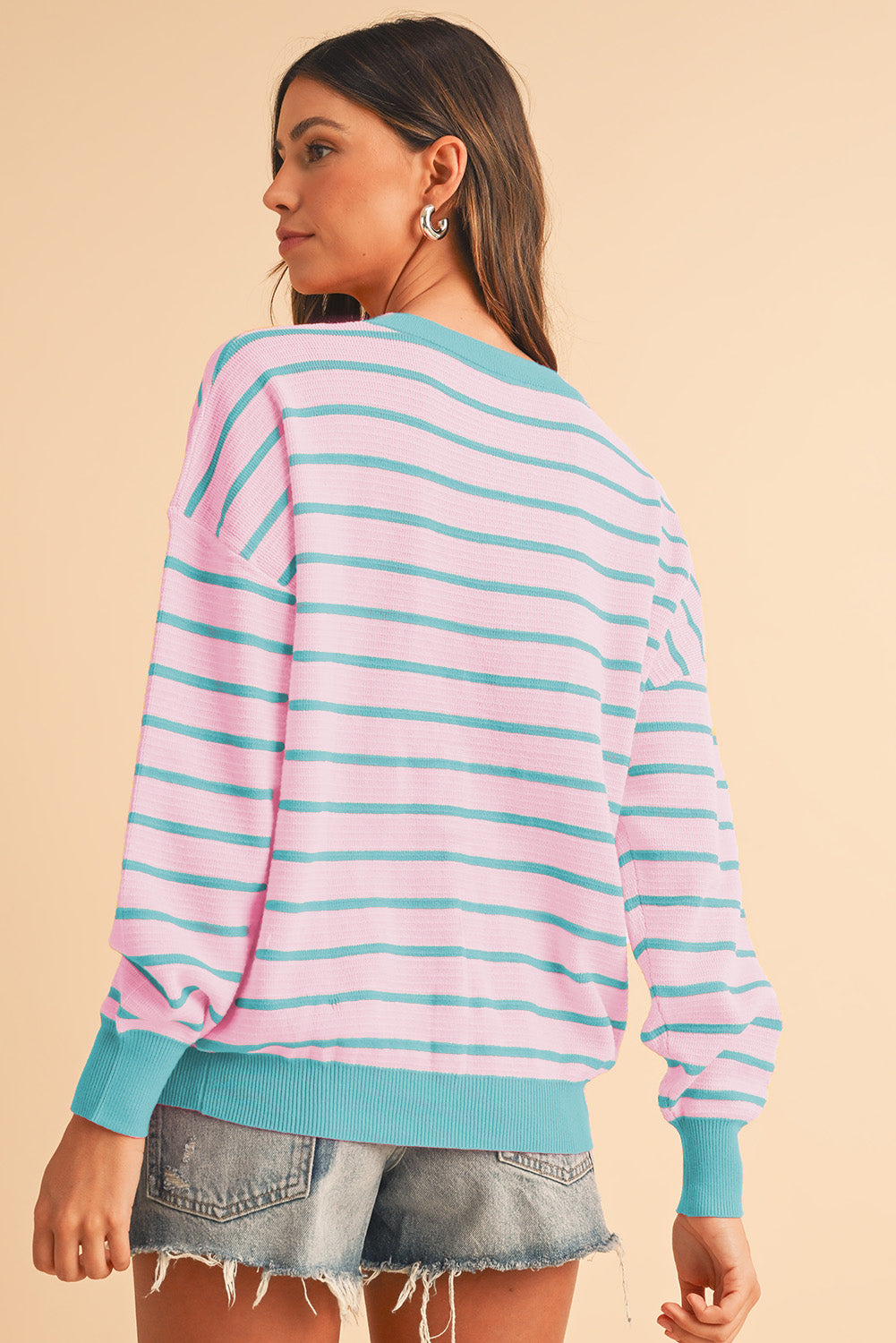 Orange Stripe Round Neck Drop Shoulder Loose Sweater