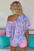 Pink Boho Abstract Floral Print V Neck T Shirt