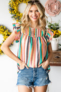 Multicolor Striped Back Button Keyhole Layered Sleeve Blouse