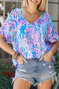 Pink Boho Abstract Floral Print V Neck T Shirt