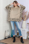 Gray Leopard Casual Side Slit High Neck Oversized Sweater