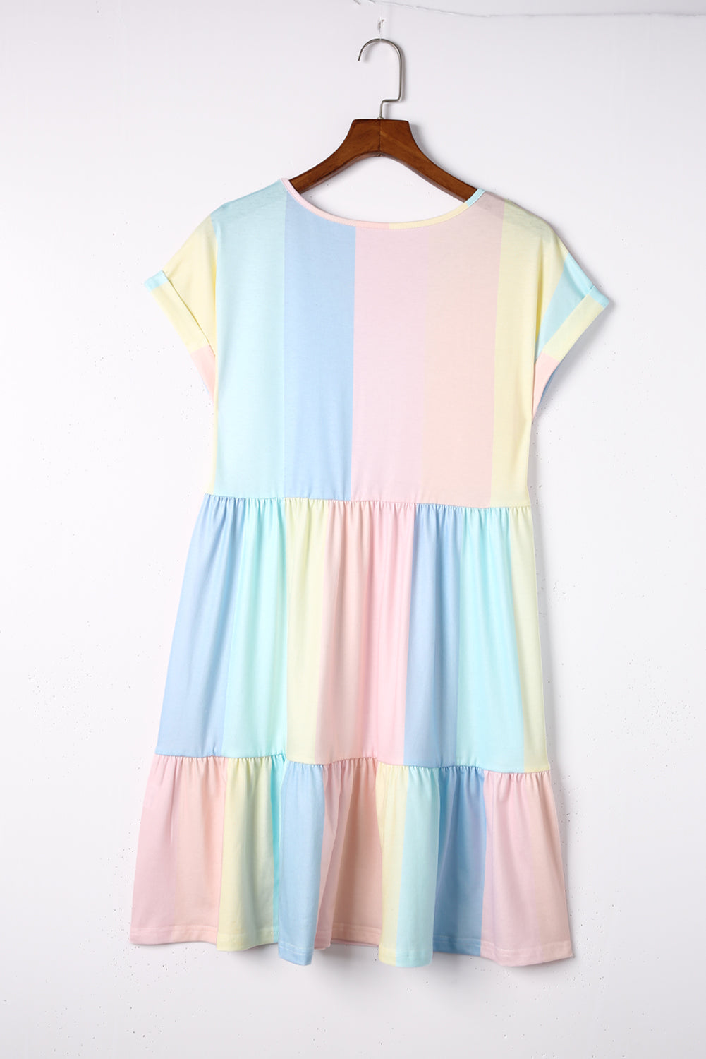 Multicolor Striped Rainbow V Neck Short Sleeve Tiered Dress