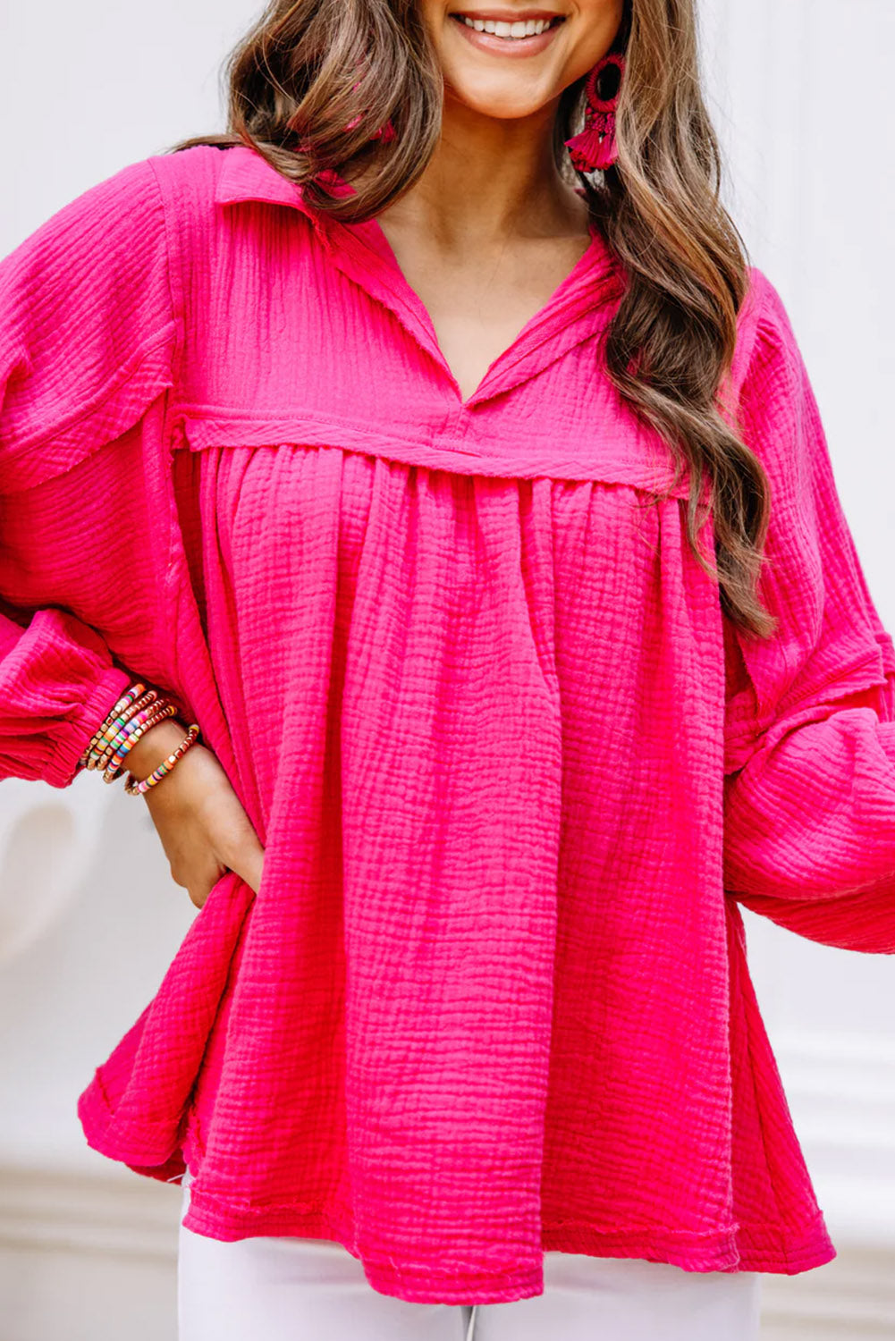 Rose Solid Color Gauze Collared Long Sleeve Top