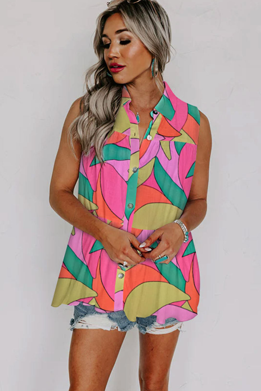 Multicolor Abstract Geometric Print Sleeveless Shirt