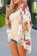 Beige Floral Print Scalloped Lace Splicing Kimono