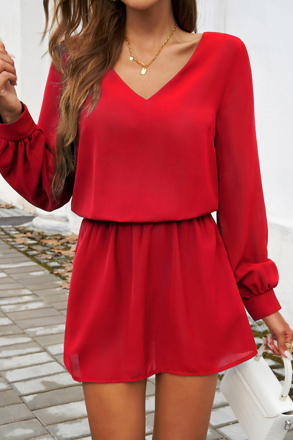 Fiery Red Solid Color Long Sleeve V Neck Bubble Sleeve Dress