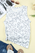 White Cheetah Print Sleeveless Crew Neck Tank Top for Women