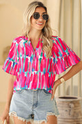 Rose Abstract Brushwork Print Buttoned V Neck Blouse