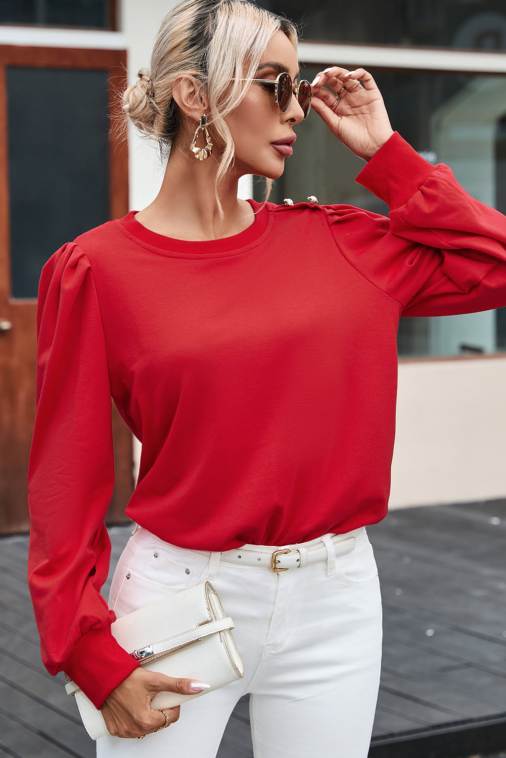 Rose Tan Button Detail Ruched Long Sleeve Top