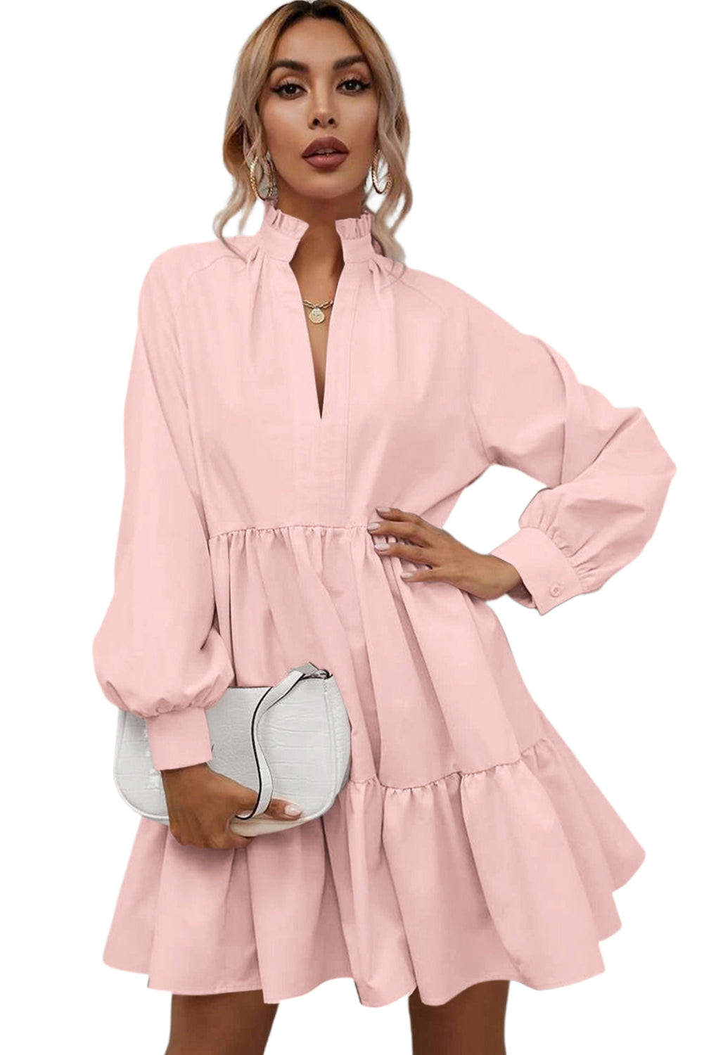 Pink Casual Stand V Neck Short Frill Dress