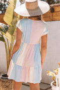 Multicolor Striped Rainbow V Neck Short Sleeve Tiered Dress