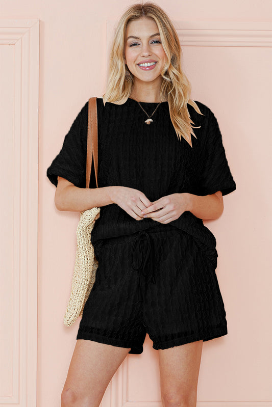 Black Frill Textured Tee and Drawstring Shorts Set