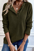 Rose Drop Shoulder Ribbed Knit Long Sleeve Henley Top