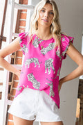 Rose Cheetah Print Ruffle Trim Sleeveless Shirt