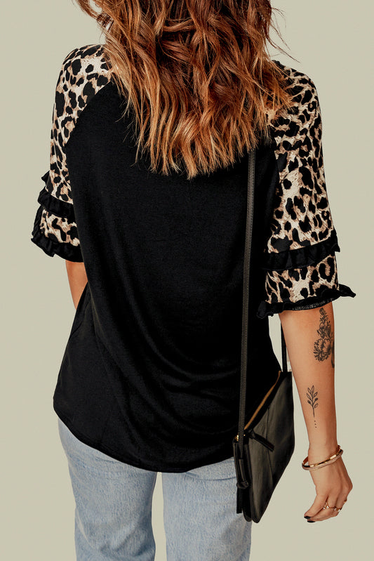 Black Casual Ruffled Leopard Sleeve Patchwork T-Shirt