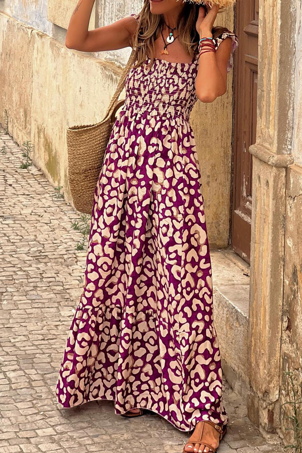 Rose Leopard Ruffle Straps Smocked High Waist Maxi Dress