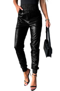 Black Smocked High Waist Leather Skinny Pants