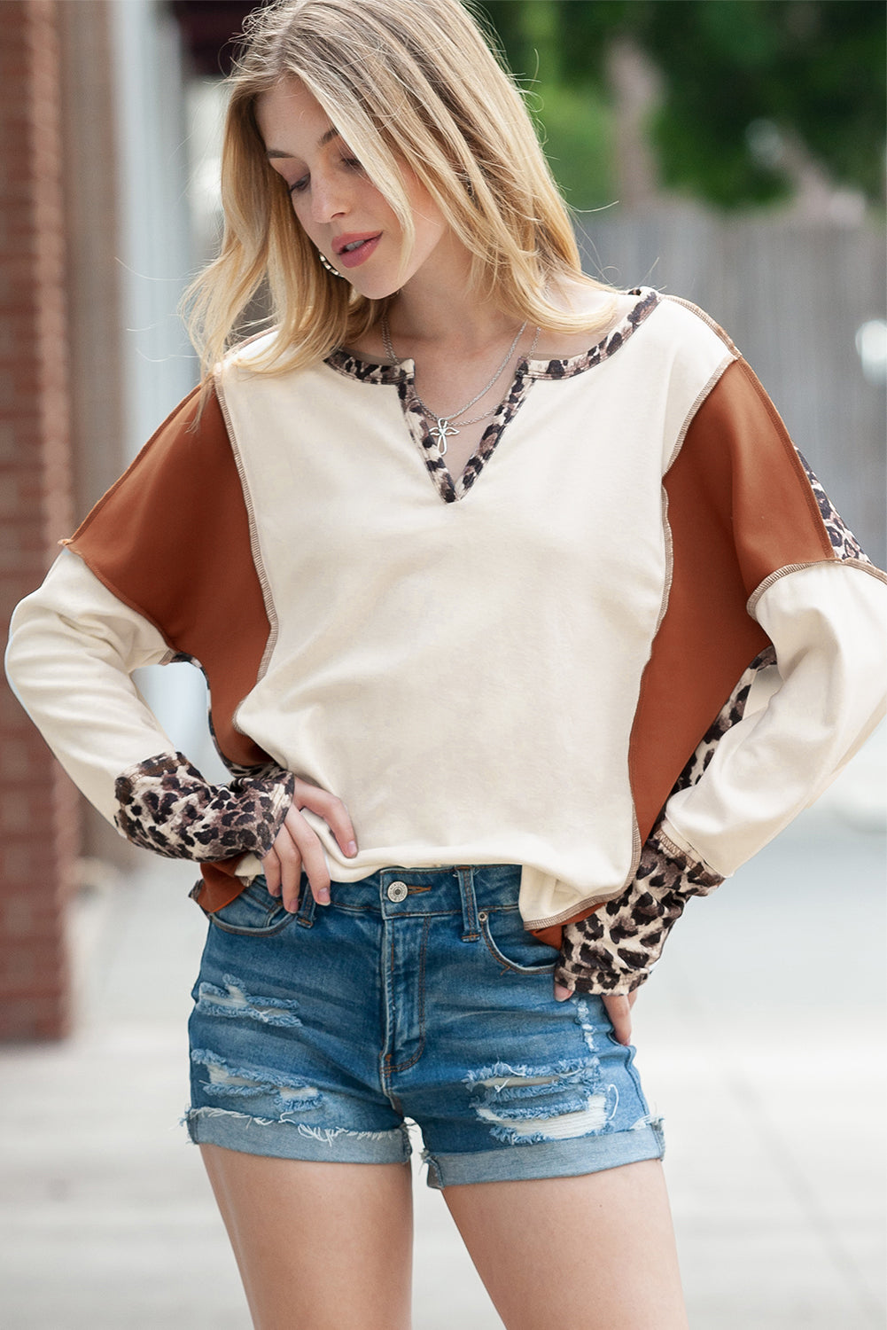 White Leopard Patchwork Notch Neck Thumbhole Long Sleeve Top