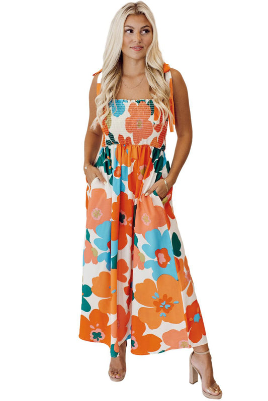 Orange Floral Printed Shoulder Tie Smocked Maxi Dress