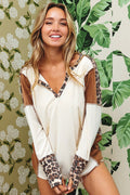 White Leopard Patchwork Notch Neck Thumbhole Long Sleeve Top