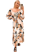 Floral Print Drawstring Waist Puff Sleeve Maxi Dress