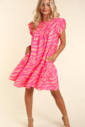 Pink Zebra Stripe Print Ruffle Trim Pocketed Mini Dress