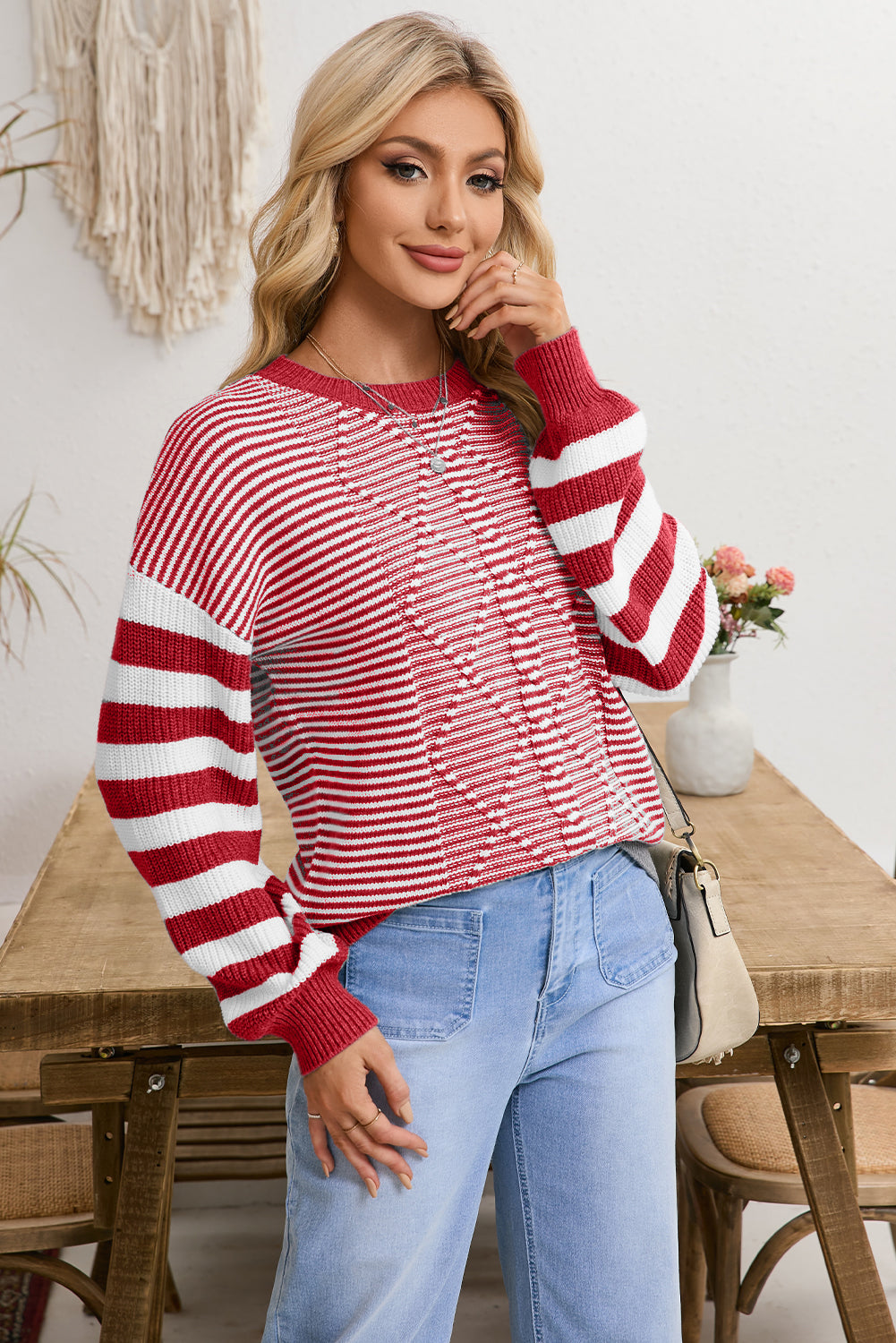 Brown Stripe Twisted Knitted Drop Shoulder Sweater