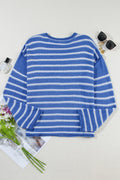 Khaki Casual Stripe Round Neck Drop Shoulder Sweater