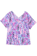 Pink Boho Abstract Floral Print V Neck T Shirt