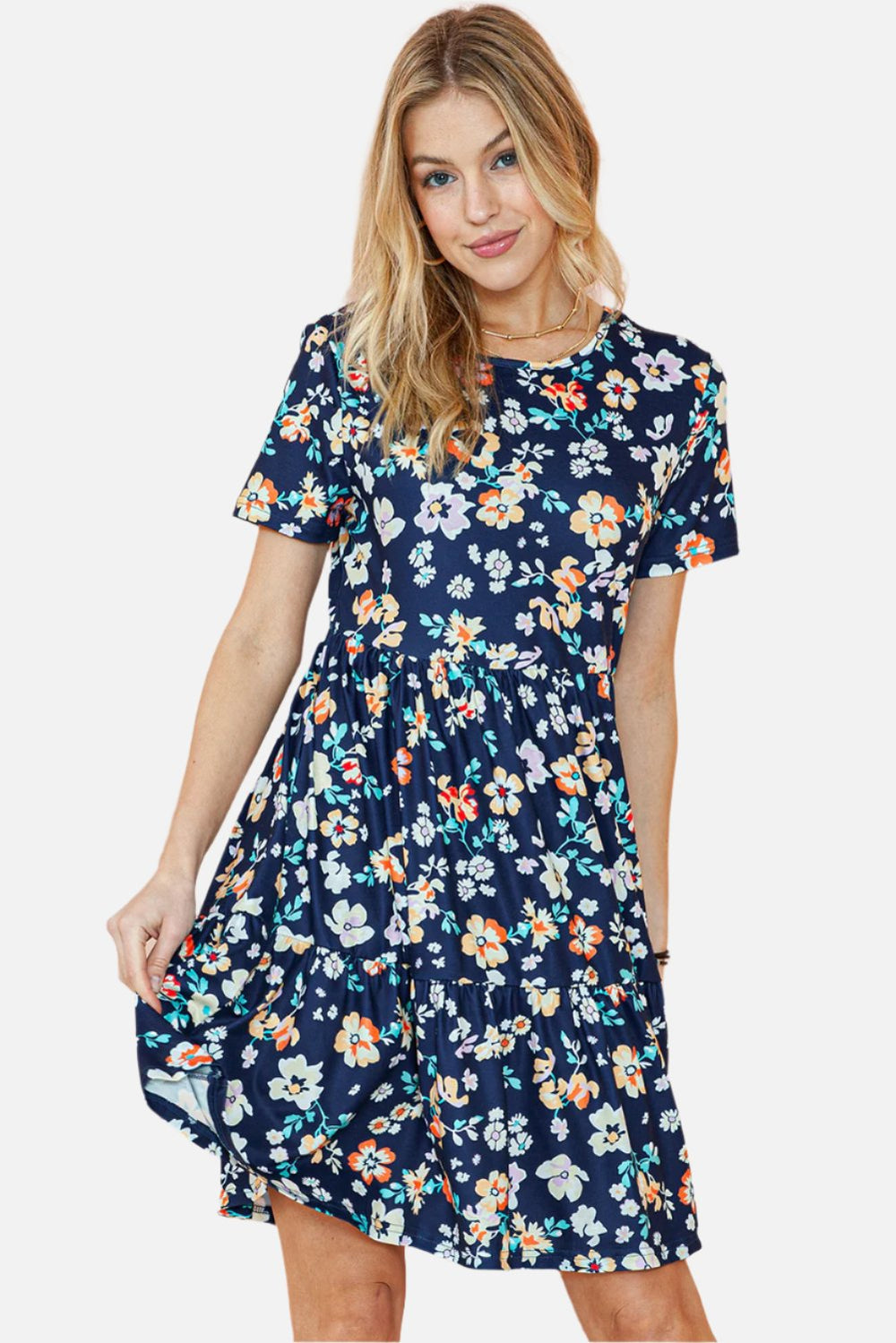 Blue Boho Floral A Line Smocked Waist Mini Dress