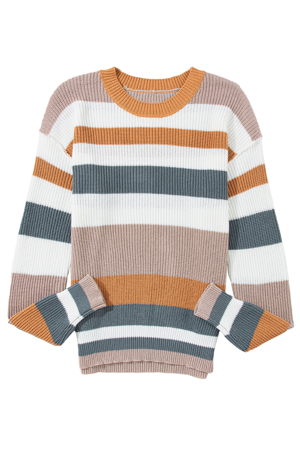 Taupe Striped Color Block Crewneck Knitted Sweater