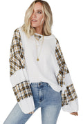 White Plaid Patch Waffle Knit Long Sleeve Top