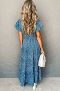 Blue Abstract Print Split V Neck Shirred High Waist Maxi Dress