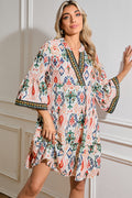 Multicolour Abstract Print Bell Sleeve Tiered Mini Dress