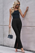 Black Split Hem Casual High Waist Pants