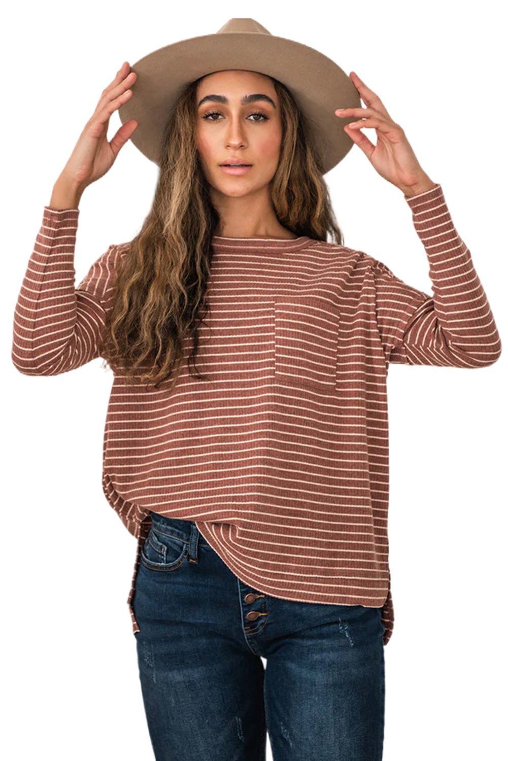 Stripe Side Slits Stitching Long Sleeve Top