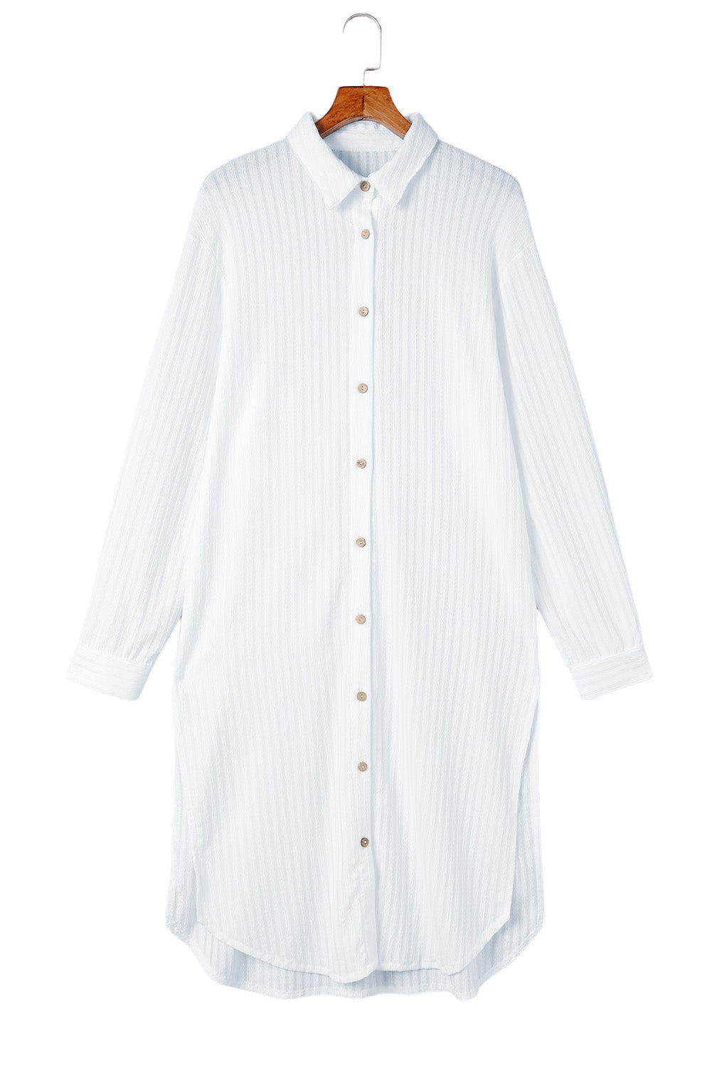 White Striped Button Up Long Sleeve Swimsuit Cover Up